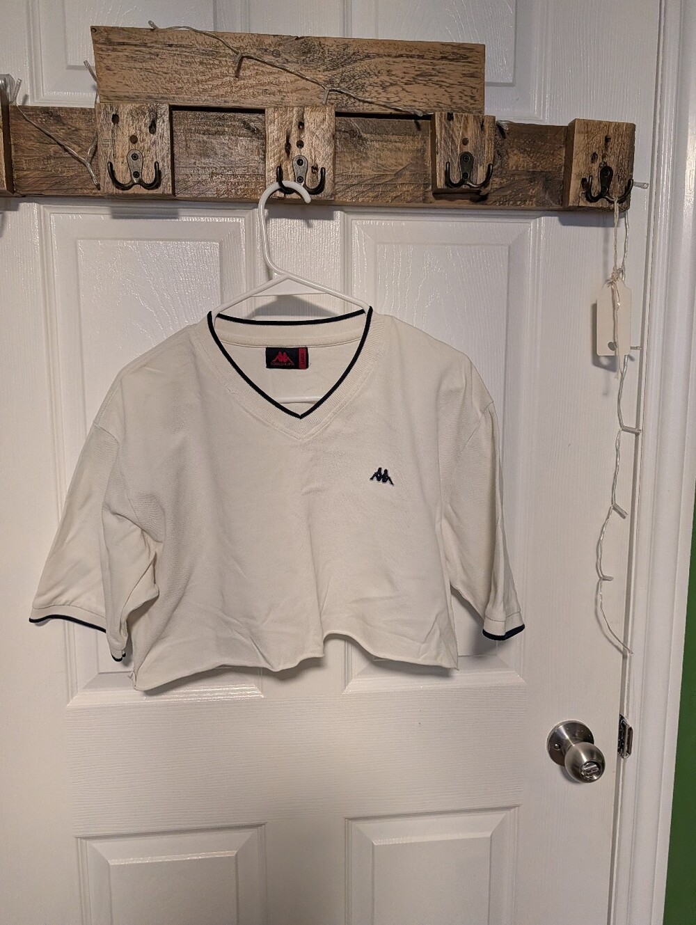 Kappa White Cropped V-Neck Tee with Navy Trim